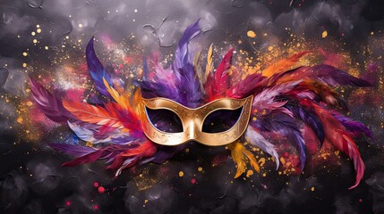 purple, red and gold masquerade mask with red feathers and sparkles against a black background - obrazy, fototapety, plakaty