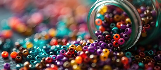 Rainbow hair beads dropped from a glass jar containing assorted pony beads. - obrazy, fototapety, plakaty