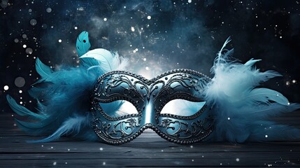 blue masquerade mask with fluffy white feathers and silver glitter - Powered by Adobe