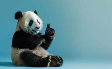 A funny panda sits on a blue background with space for your text