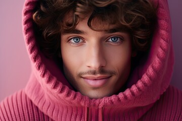 A young man wearing a fashionable pink hoodie and expressing a flirty demeanor. - obrazy, fototapety, plakaty