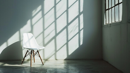 a white chair sitting in an empty room next to a white wall