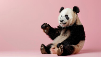 Funny panda on a pink background with space for your text