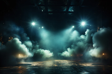 background stage effect with fog machine and headlights and spotlights - obrazy, fototapety, plakaty