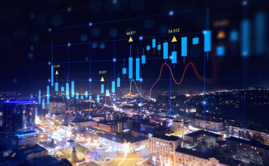 Big data chart on city backdrop.Trade technology, and investment analysis.Business development,...