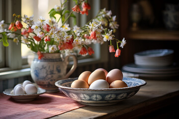 A rustic kitchen scene with fresh eggs in a vintage bowl and a floral arrangement in a ceramic pitcher on a wooden table. Concept for organic produce advertising or Easter celebration. 