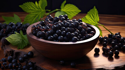 Fresh Black Currants in Wooden Bowl