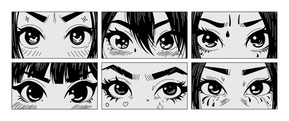 Asian eyes look manga style. Comic anime characters, hand drawn korean japanese cartoon faces with different emotions. Vector cartoon set - obrazy, fototapety, plakaty
