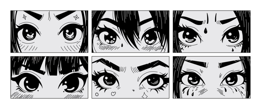 Asian eyes look manga style. Comic anime characters, hand drawn korean japanese cartoon faces with different emotions. Vector cartoon set
