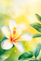 Fototapeta na wymiar Closeup of blooming frangipani flowers in the summer sun rays in spring.