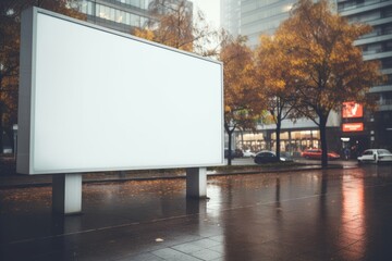 blank billboard mockup stands prominently in a rain soaked urban setting, with the glistening pavement reflecting the ambient light and autumn trees