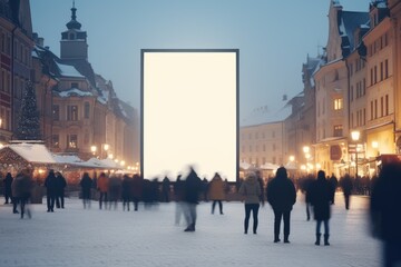 Bustling market square in winter twilight with people in motion around a prominent blank billboard, soft light of street lamps and festive decorations