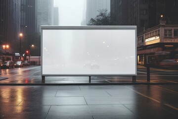 In the subdued light of a foggy urban dawn, white billboard stands as a silent sentinel, its blank face offering a canvas amidst the city's waking moments - obrazy, fototapety, plakaty