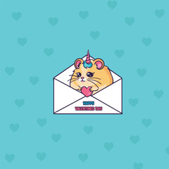 Cute kawaii uni hamster into envelope. St Valentines greeting card with funny animal