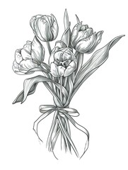 coloring page, of  a beautiful bouquet of high stemmed tulips tied with bow