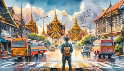 A traveler beholds a grand temple, the city's cultural majesty on display. - obrazy, fototapety, plakaty