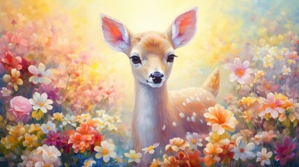 Cute Baby Deer in Spring Flowers