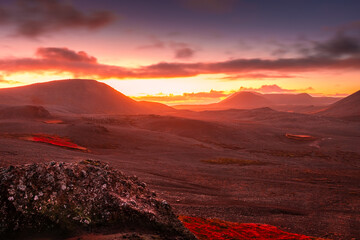 Spectacular sunset over the Fagradalsfjall, active volcano in  Iceland