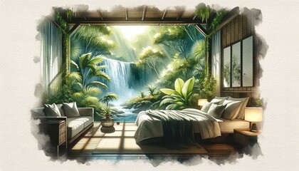 A tranquil bedroom with a lush waterfall view.