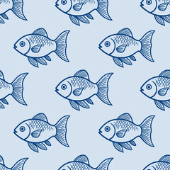 Swimming fish seamless wallpaper blue pattern with background for crafts, scrapbooking, textiles, art projects.