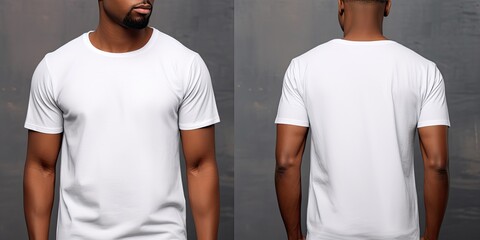 A fashion-forward collage in a studio setting featuring a young man wearing a white T-shirt, showcasing front and back designs. - obrazy, fototapety, plakaty