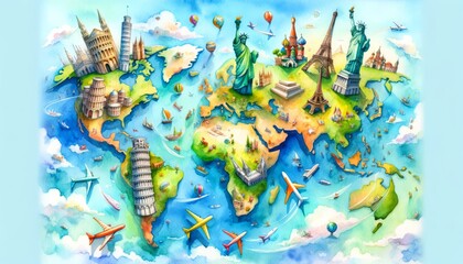 The image is a colorful and whimsical watercolor representation of a world map, featuring iconic...