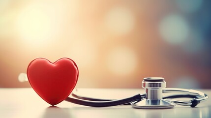 Stethoscope and symbolic red heart on blurred background