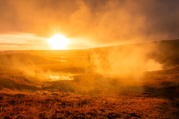 Volcanic landscape of Reykjadalur, steamy valley with natural hot springs,  Iceland