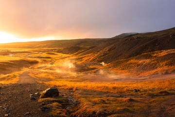 Volcanic landscape of Reykjadalur, steamy valley with natural hot springs,  Iceland