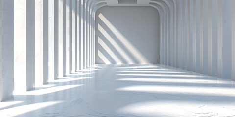 Empty white room in premise with shadows through window from sun light. Geometric design element in minimalist style. Perspective low angle view.
