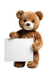 teddy bear holding empty sign isolated on transparent background