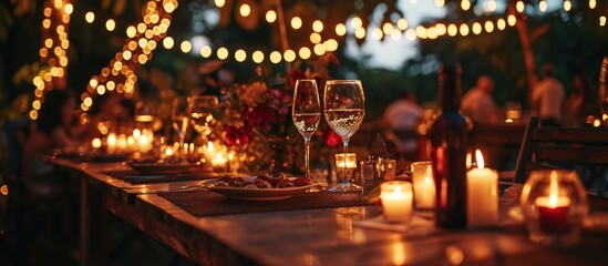 Romantic surprise proposal at a candlelit terrace restaurant. Date or engagement in a park tent, adorned with candles and garlands. Closeup.