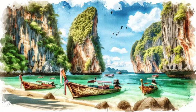 The image is a vibrant watercolor of a tropical beach with limestone cliffs and longtail boats.