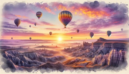 The image is a dreamy watercolor of hot air balloons floating over a rugged landscape at sunrise. - obrazy, fototapety, plakaty