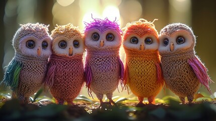 two owls in the night in the night, Get lost in the endearing world of Chibi knit night owls, standing in unity, with yarn feathers that mimic the colors of the rainbow. The stunning 8k resolution and