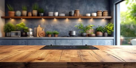 Wooden table surface with modern stove top on blurred background of modern kitchen interior with shelves with tableware - Powered by Adobe