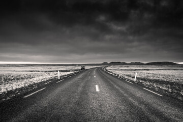 Scenic road in Snaefellsness Penisula at in black and white, Iceland