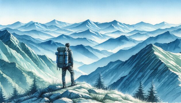 The image portrays a lone hiker overlooking a vast mountain range, rendered in watercolor.
