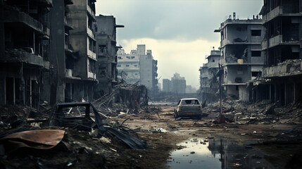 Bombed city, mediterranean buildings, post-war city.