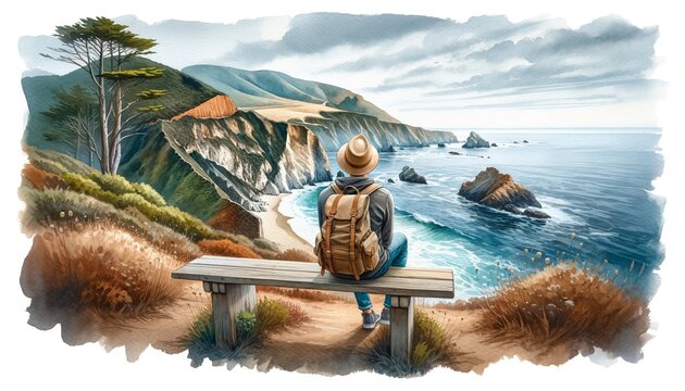 The image depicts a watercolor scene of a hiker observing a coastal landscape from a high vantage point.