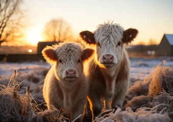 Two curious highland calves in the morning light