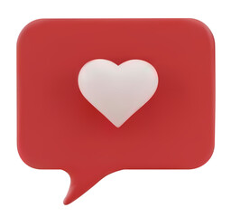 3d red love message icon with white heart. Valentine card message. 3d illustration. Speech bubble icon with heart
