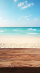 Seascape Inspiration: Wooden Table Overlooking Blurred Beach and Blue Sea, Ideal for Summer Vibe Designs