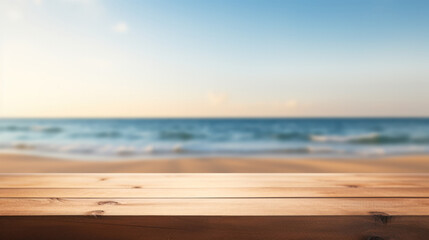 Maritime Ambiance: Wooden Table with Blurred Seaside View and Azure Waters, Perfect for Summer Illustrations