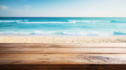 Fototapeta premium Beachside Relaxation: Wooden Surface with Soft Focus Seashore and Azure Sea, Perfect for Summer Themes