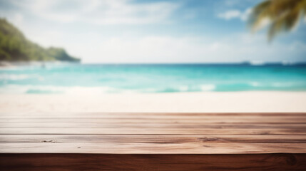 Fototapeta premium Sunny Shoreline View: Wooden Table with Beach and Sea in Blurred Background, Ideal for Summer Advertisements