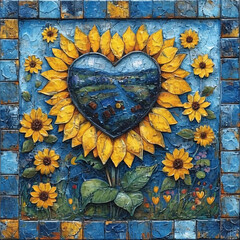 A Symbol of heart formed by Blue yellow Ukrainian sunflowers