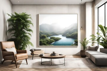 A meticulous view of a Canvas Frame for a mockup in a modern family room, capturing the essence of relaxation with a zen-inspired water feature and lush indoor plants.