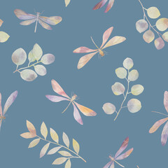 Watercolor dragonflies and branches with leaves, seamless pattern, abstract background for packaging design