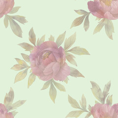 abstract botanical pattern, peony flowers on a light green background